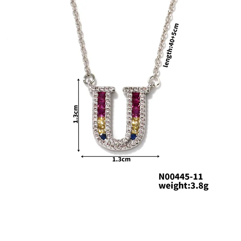 304 Stainless Steel Copper Rhodium Plated Hip-Hop Vacation Shiny Plating Inlay Letter Zircon Pendant Necklace