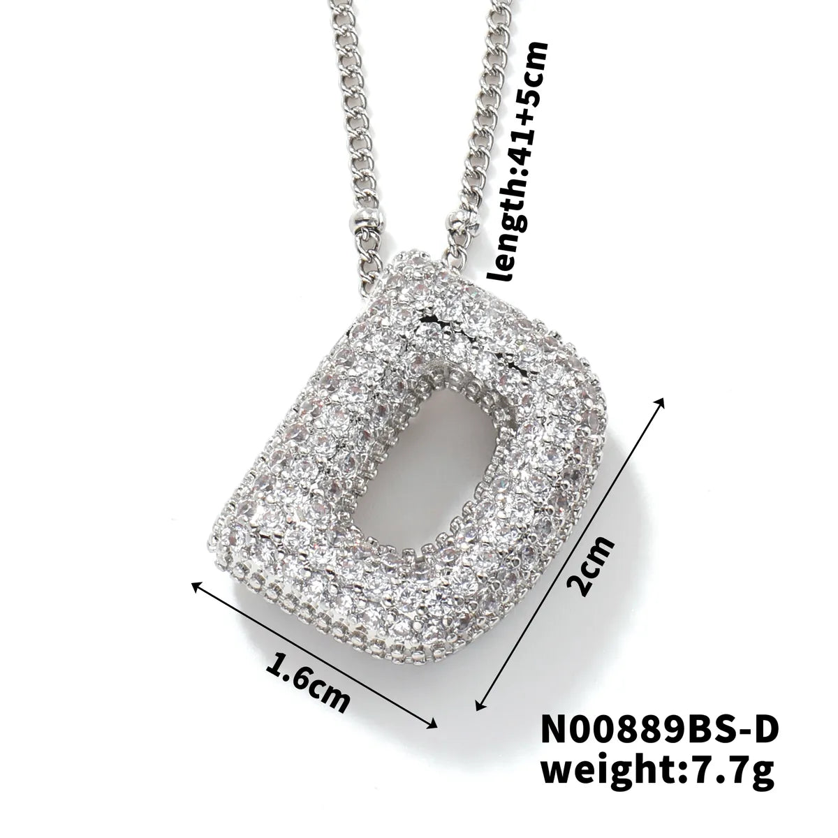 304 Stainless Steel Copper Rhodium Plated Three-Dimensional Inlay Letter Zircon Pendant Necklace