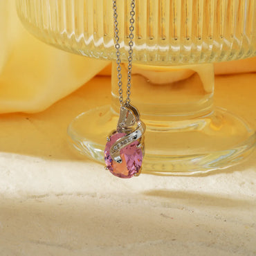 304 Stainless Steel Copper Rhodium Plated Three-Dimensional Inlay Oval Zircon Pendant Necklace