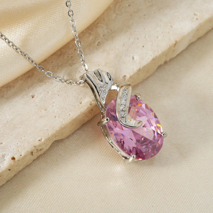 304 Stainless Steel Copper Rhodium Plated Three-Dimensional Inlay Oval Zircon Pendant Necklace