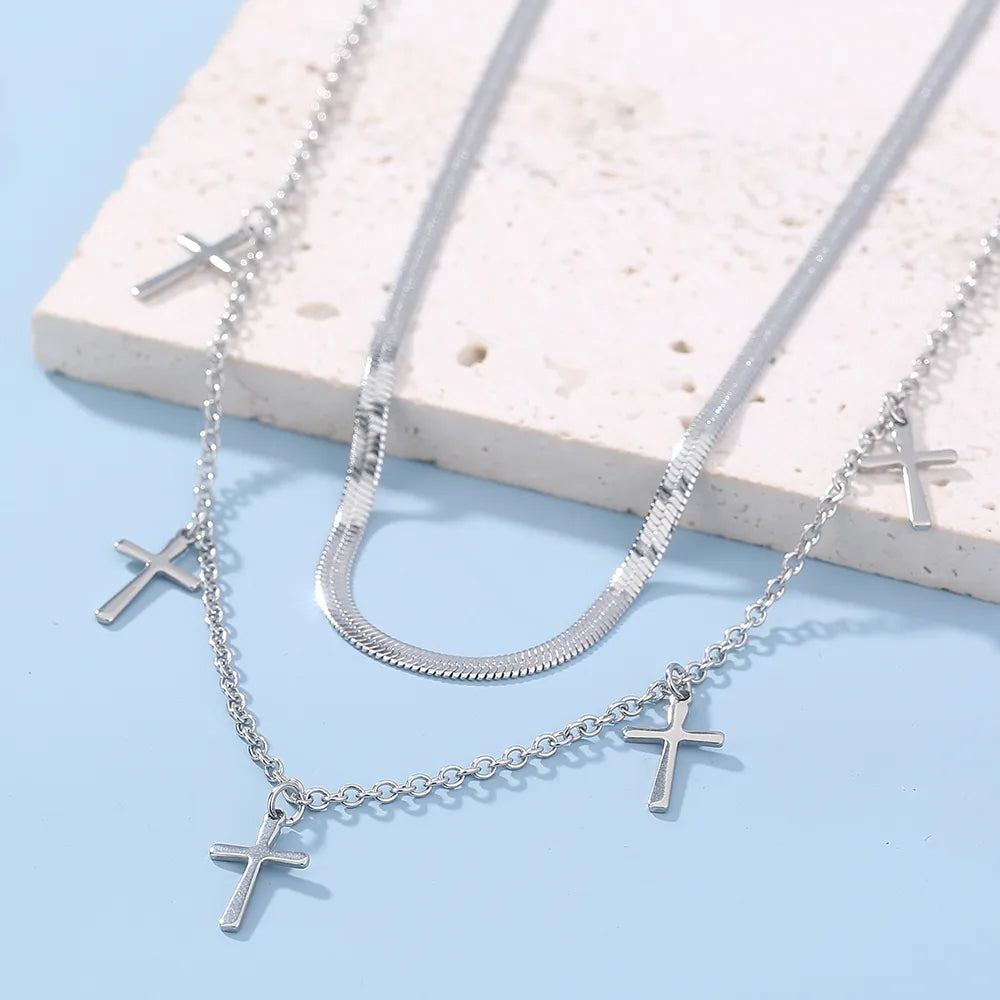 304 Stainless Steel Copper Simple Style Classic Style Tassel Cross Layered Necklaces