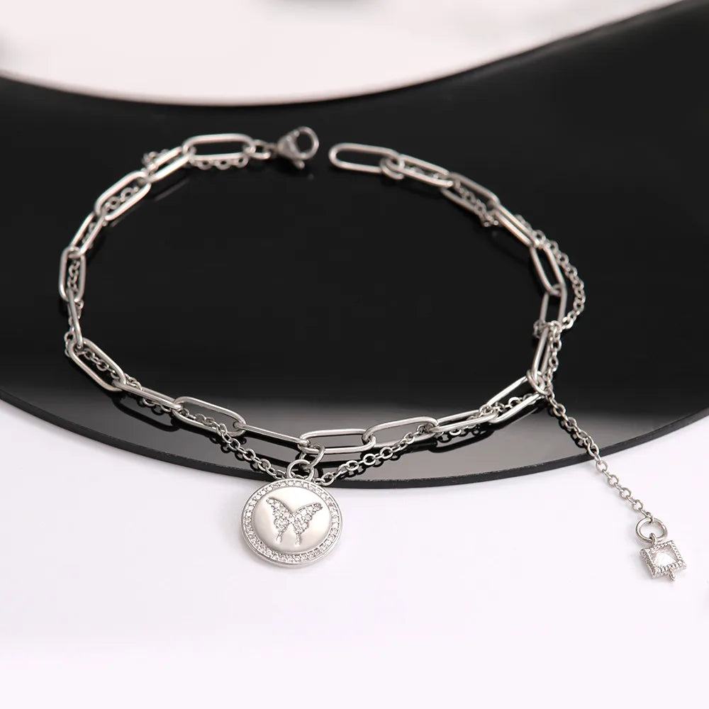 Elegant Simple Style Shiny Human Cross Butterfly 304 Stainless Steel Copper White-Plated K Zircon Bracelets In Bulk