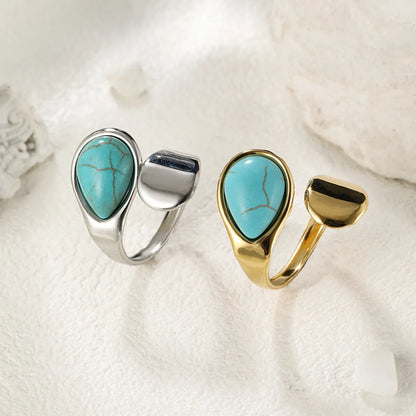 304 Stainless Steel Elegant Simple Style Inlay Water Droplets Turquoise Open Rings