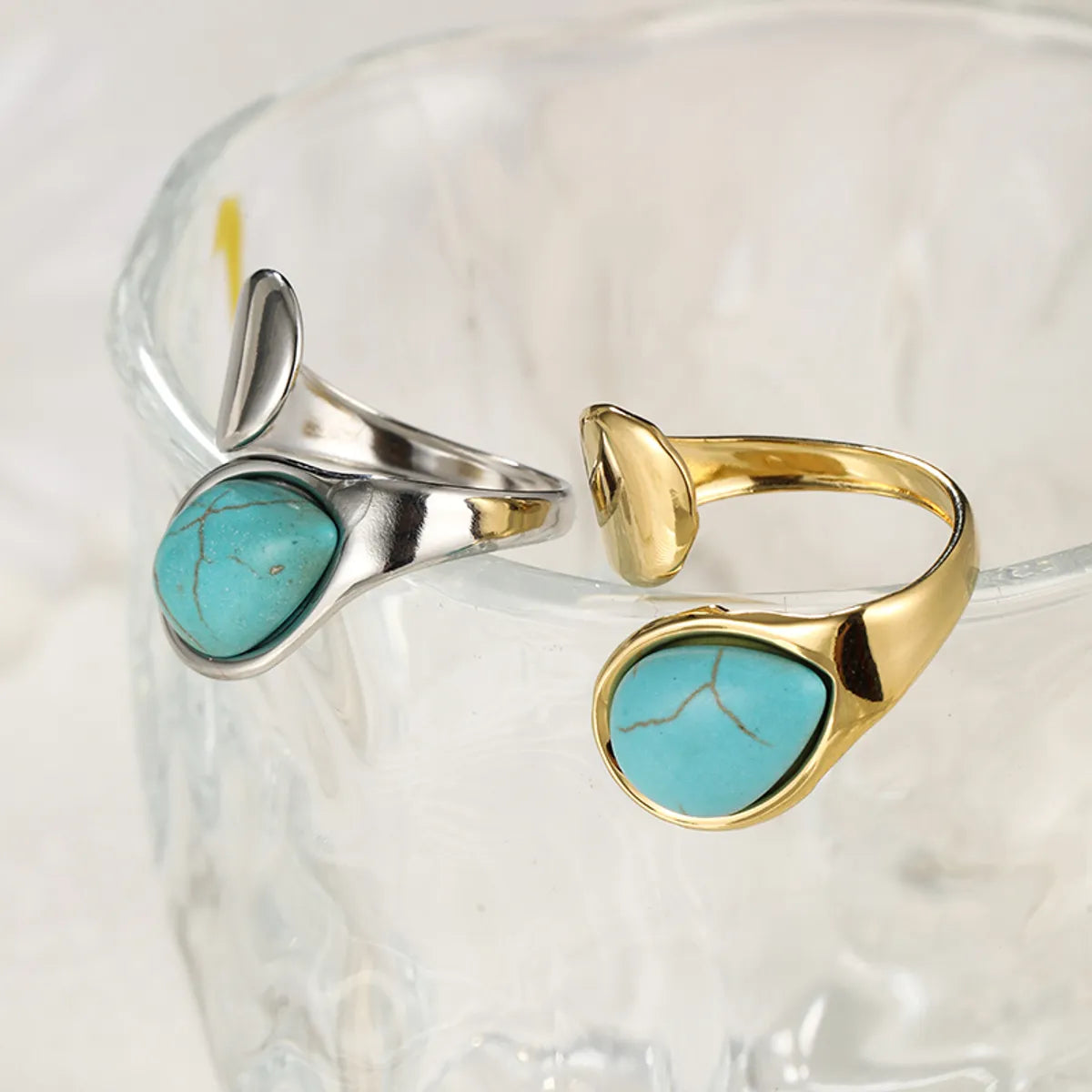 304 Stainless Steel Elegant Simple Style Inlay Water Droplets Turquoise Open Rings