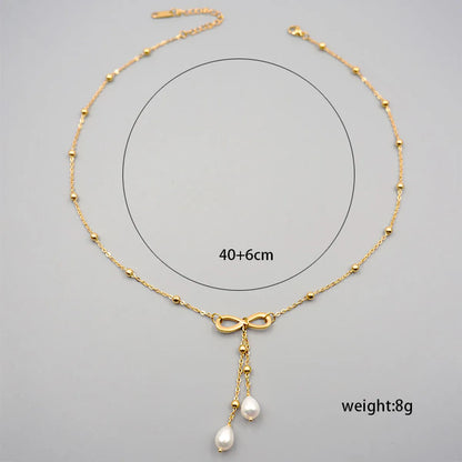 304 Stainless Steel Freshwater Pearl Gold Plated Casual Vintage Style Simple Style Infinity Bow Knot Pendant Necklace