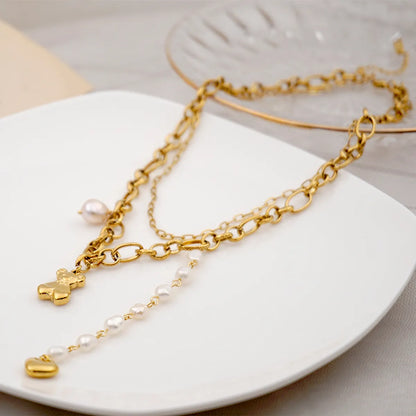 Wholesale Jewelry Hip-Hop Vintage Style Little Bear Heart Shape 304 Stainless Steel Freshwater Pearl Titanium Steel Gold Plated Plating Necklace