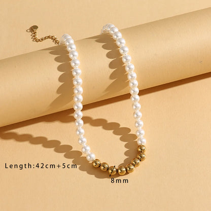 Wholesale Jewelry Simple Style Classic Style Round 304 Stainless Steel Glass Pearl 18K Gold Plated Beaded Necklace