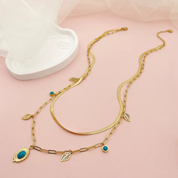 304 Stainless Steel Gold Plated Casual Hawaiian Beach Inlay Sun Leaves Eye Turquoise Pendant Necklace