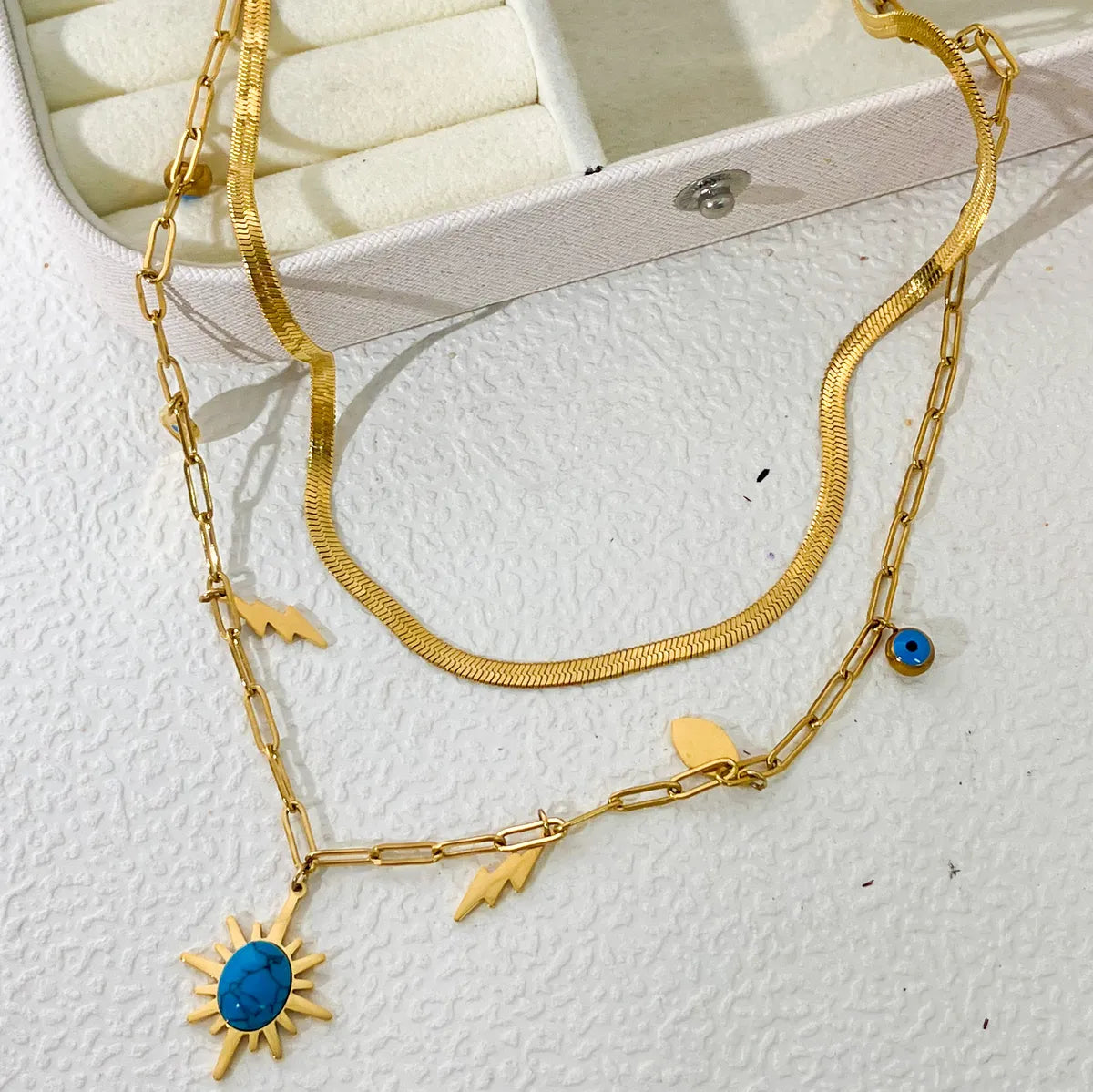 304 Stainless Steel Gold Plated Casual Hawaiian Beach Inlay Sun Leaves Eye Turquoise Pendant Necklace