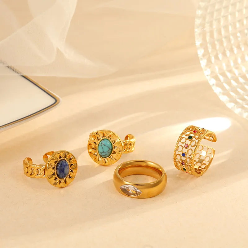 304 Stainless Steel Gold Plated Elegant Lady Hollow Out Inlay Geometric Turquoise Zircon Open Rings