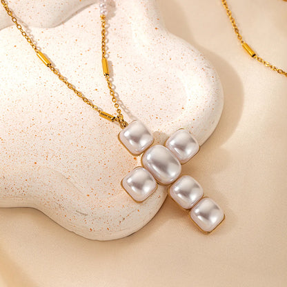 Wholesale Jewelry Elegant Modern Style Cross 304 Stainless Steel Pearl 14K Gold Plated Plating Inlay Pendant Necklace