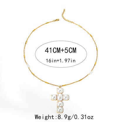 Wholesale Jewelry Elegant Modern Style Cross 304 Stainless Steel Pearl 14K Gold Plated Plating Inlay Pendant Necklace