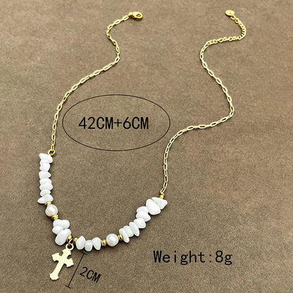 Wholesale Jewelry Elegant Modern Style Cross 304 Stainless Steel Pearl 14K Gold Plated Plating Inlay Pendant Necklace