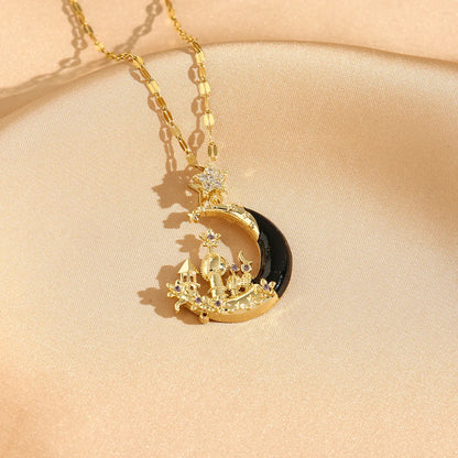 Titanium Steel 18K Gold Plated Casual Commute Plating Diamond Moon Snake Butterfly Resin Opal Zircon Pendant Necklace