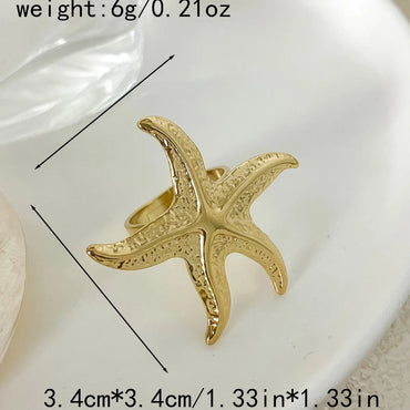 304 Stainless Steel Gold Plated Vacation Tropical Star Starfish Open Rings