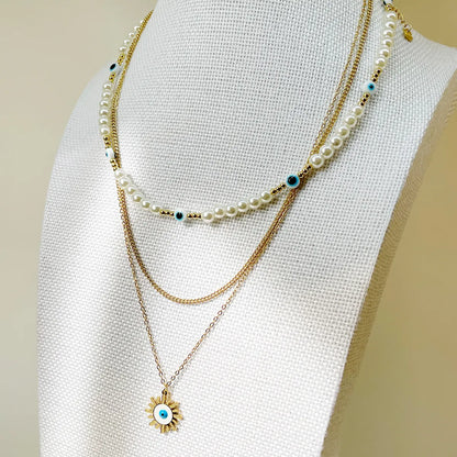 304 Stainless Steel Gold Plated Vacation Tropical Sweet Layered Pearl Inlay Sun Devil'S Eye Zircon Layered Necklaces