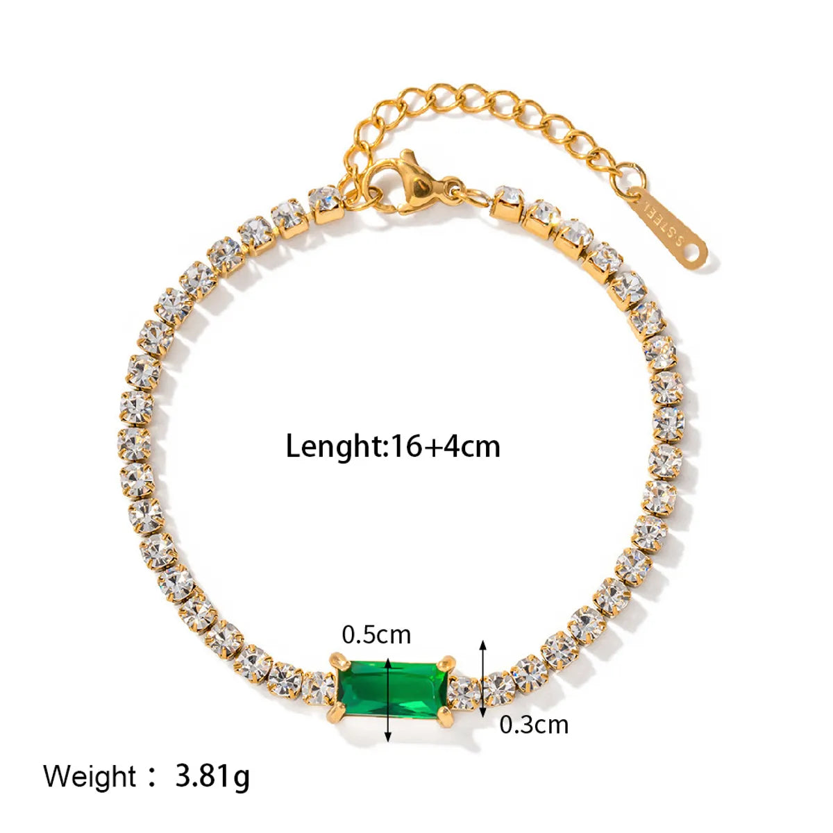 304 Stainless Steel IG Style Simple Style Shiny Plating Inlay Rectangle Zircon Bracelets