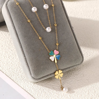 304 Stainless Steel Imitation Pearl Copper 18K Gold Plated Casual Elegant Plating Heart Shape Flower Double Layer Necklaces