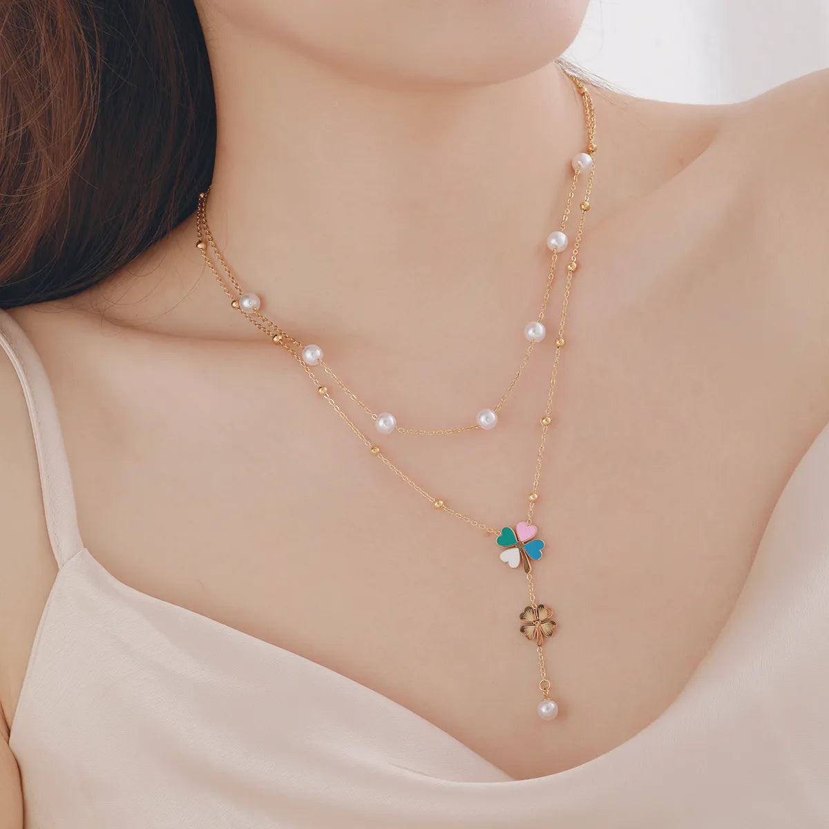 304 Stainless Steel Imitation Pearl Copper 18K Gold Plated Casual Elegant Plating Heart Shape Flower Double Layer Necklaces