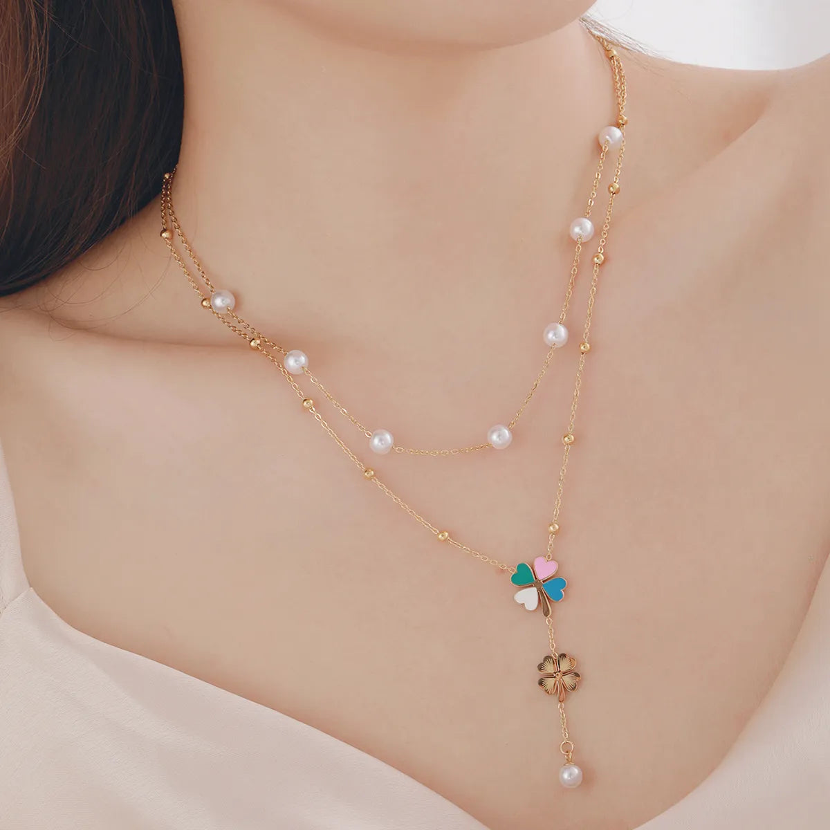 304 Stainless Steel Imitation Pearl Copper 18K Gold Plated Casual Elegant Plating Heart Shape Flower Double Layer Necklaces