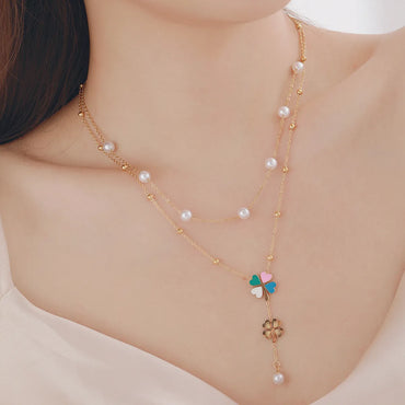 304 Stainless Steel Imitation Pearl Copper 18K Gold Plated Casual Elegant Plating Heart Shape Flower Double Layer Necklaces