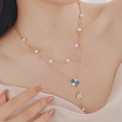 304 Stainless Steel Imitation Pearl Copper 18K Gold Plated Casual Elegant Plating Heart Shape Flower Double Layer Necklaces