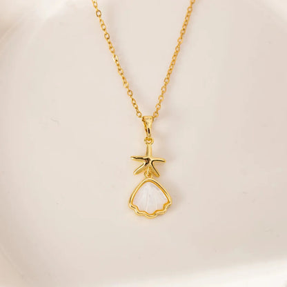 304 Stainless Steel K Gold Plated Simple Style Classic Style Plating Inlay Starfish Shell Rhinestones Pendant Necklace