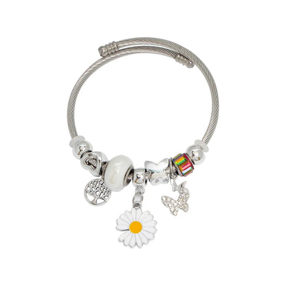 304 Stainless Steel Lady Modern Style Sweet Beaded Life Tree Butterfly Daisy Bangle