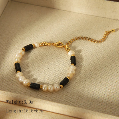 304 Stainless Steel Natural Stone Freshwater Pearl 18K Gold Plated Nordic Style Artistic Twin Geometric Bracelets