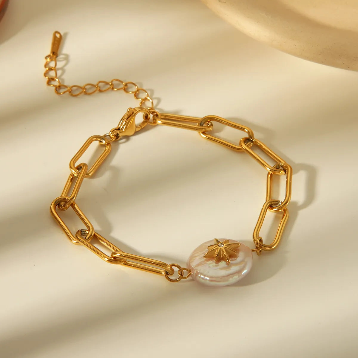 304 Stainless Steel Natural Stone Freshwater Pearl 18K Gold Plated Nordic Style Artistic Twin Geometric Bracelets