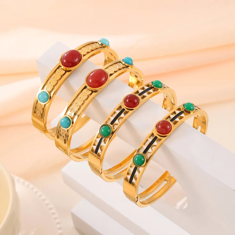 304 Stainless Steel Natural Stone 18K Gold Plated Casual Retro Simple Style Enamel Plating Inlay Round Natural Stone Bangle