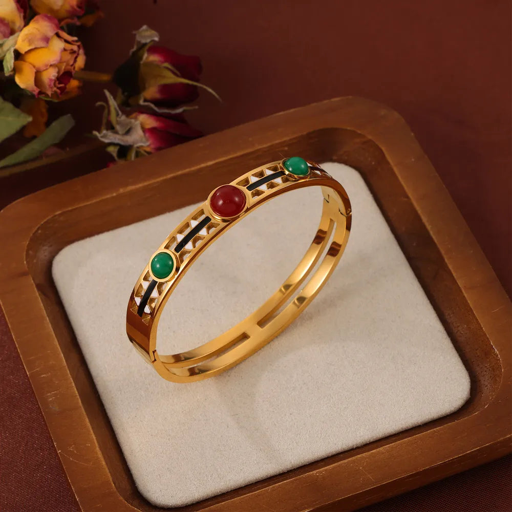 304 Stainless Steel Natural Stone 18K Gold Plated Casual Retro Simple Style Enamel Plating Inlay Round Natural Stone Bangle