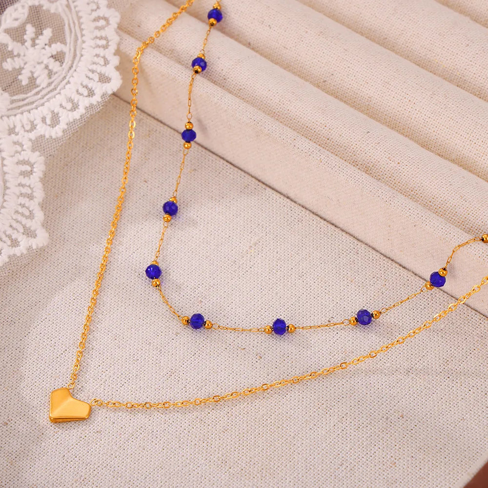 304 Stainless Steel Natural Stone 18K Gold Plated Elegant Simple Style Beaded Plating Round Heart Shape Double Layer Necklaces