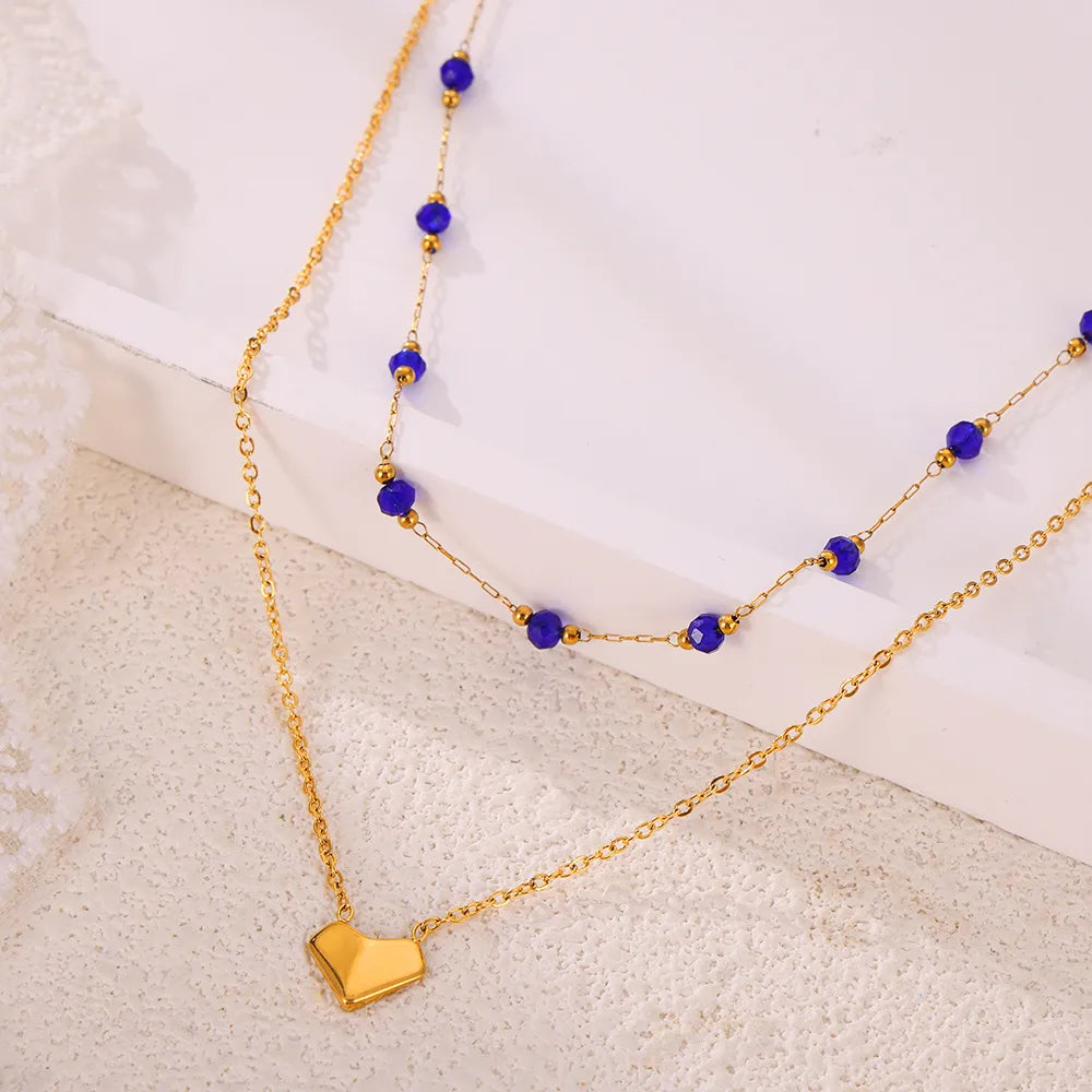 304 Stainless Steel Natural Stone 18K Gold Plated Elegant Simple Style Beaded Plating Round Heart Shape Double Layer Necklaces