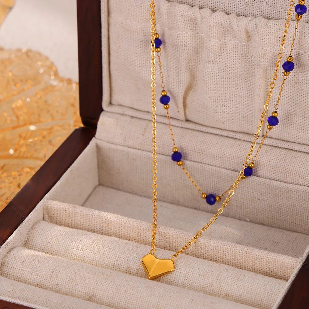 304 Stainless Steel Natural Stone 18K Gold Plated Elegant Simple Style Beaded Plating Round Heart Shape Double Layer Necklaces