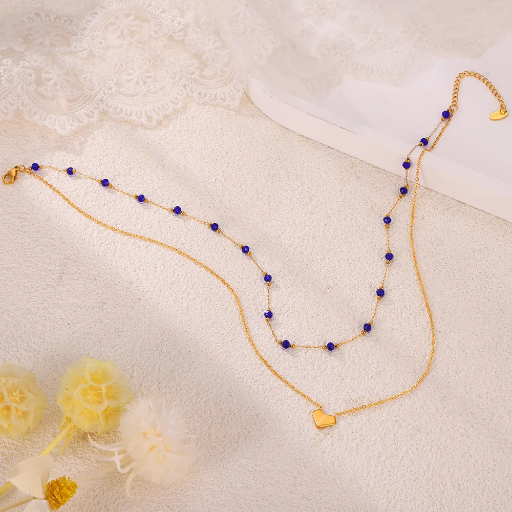 304 Stainless Steel Natural Stone 18K Gold Plated Elegant Simple Style Beaded Plating Round Heart Shape Double Layer Necklaces