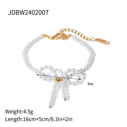 Wholesale Jewelry IG Style Elegant Bow Knot 304 Stainless Steel Pearl 18K Gold Plated Beaded Jewelry Set