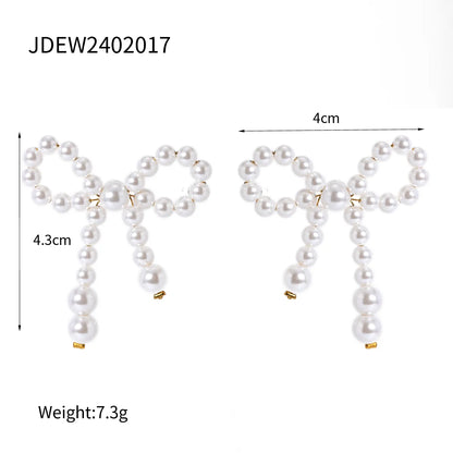 Wholesale Jewelry IG Style Elegant Bow Knot 304 Stainless Steel Pearl 18K Gold Plated Beaded Jewelry Set