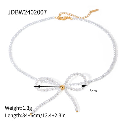 Wholesale Jewelry IG Style Elegant Bow Knot 304 Stainless Steel Pearl 18K Gold Plated Beaded Jewelry Set