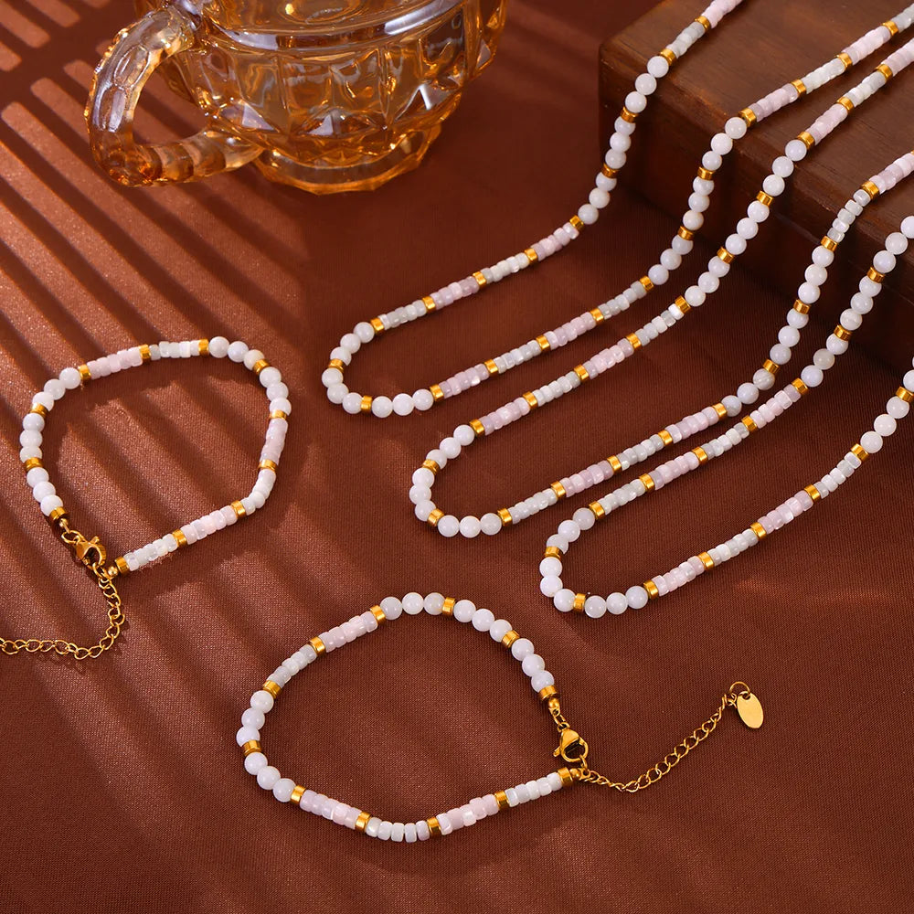 304 Stainless Steel Shell 18K Gold Plated Elegant Simple Style Beaded Plating Round Bracelets Necklace Jewelry Set