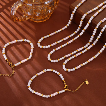 304 Stainless Steel Shell 18K Gold Plated Elegant Simple Style Beaded Plating Round Bracelets Necklace Jewelry Set