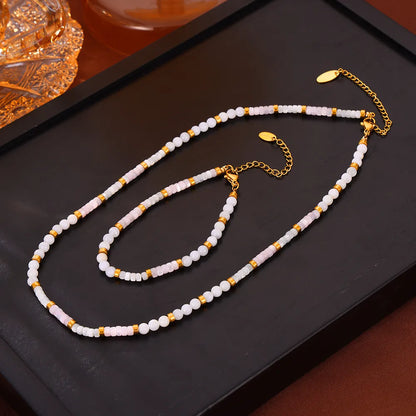 304 Stainless Steel Shell 18K Gold Plated Elegant Simple Style Beaded Plating Round Bracelets Necklace Jewelry Set