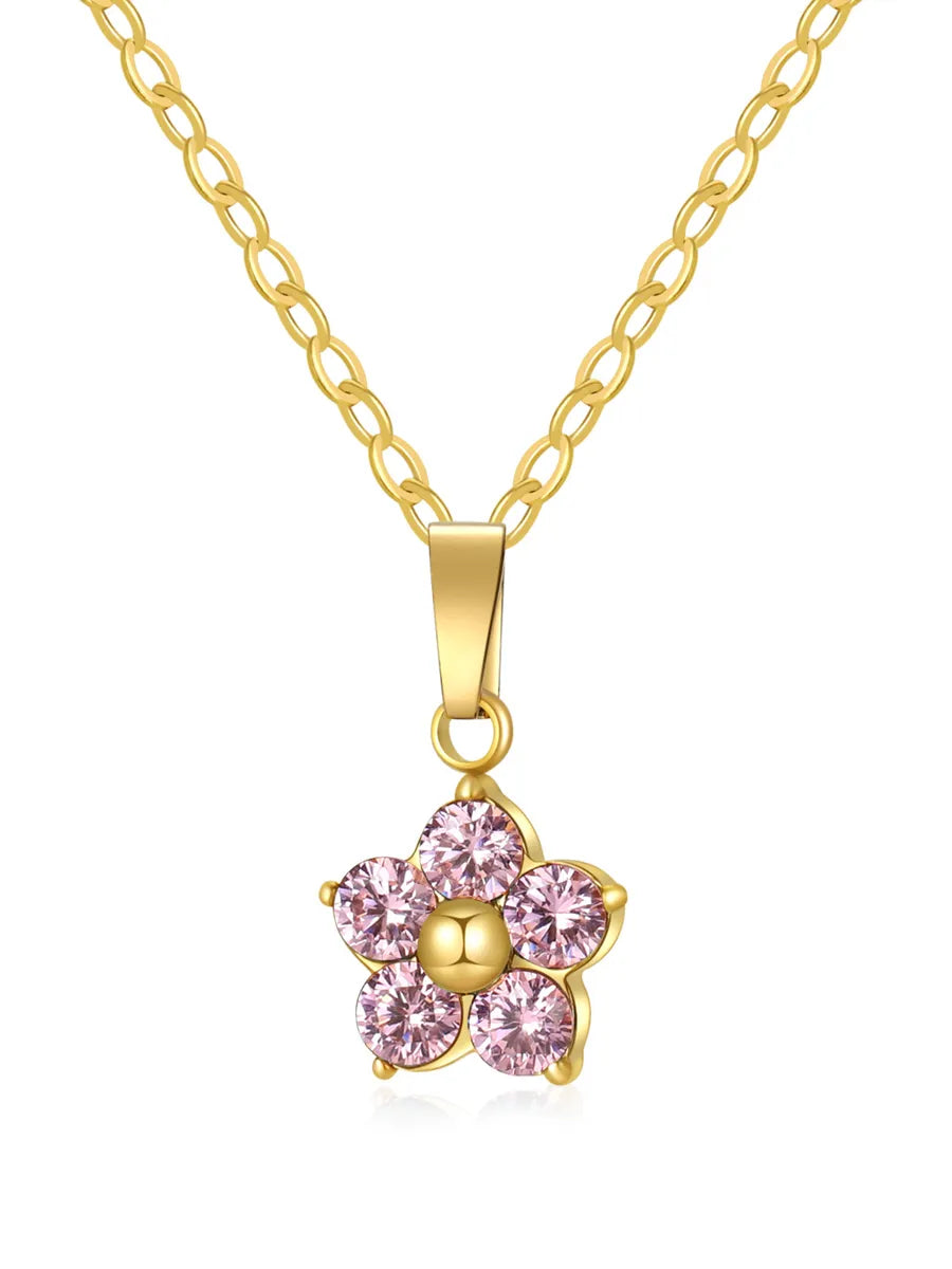 304 Stainless Steel Simple Style Classic Style Inlay Flower Zircon Pendant Necklace