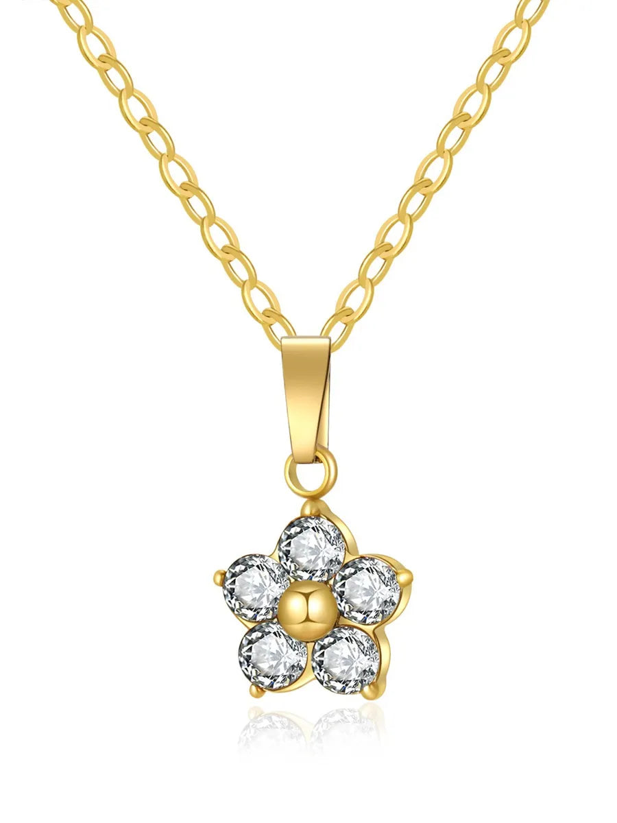 304 Stainless Steel Simple Style Classic Style Inlay Flower Zircon Pendant Necklace