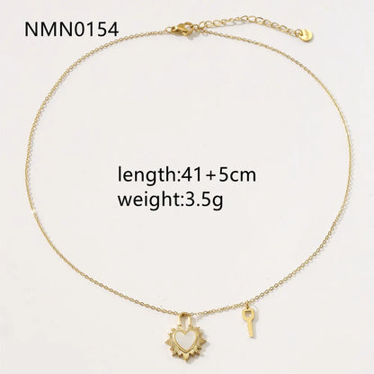 304 Stainless Steel Simple Style Plating Inlay Heart Shape Key Lock Shell Pendant Necklace