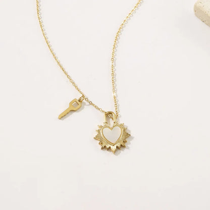 304 Stainless Steel Simple Style Plating Inlay Heart Shape Key Lock Shell Pendant Necklace