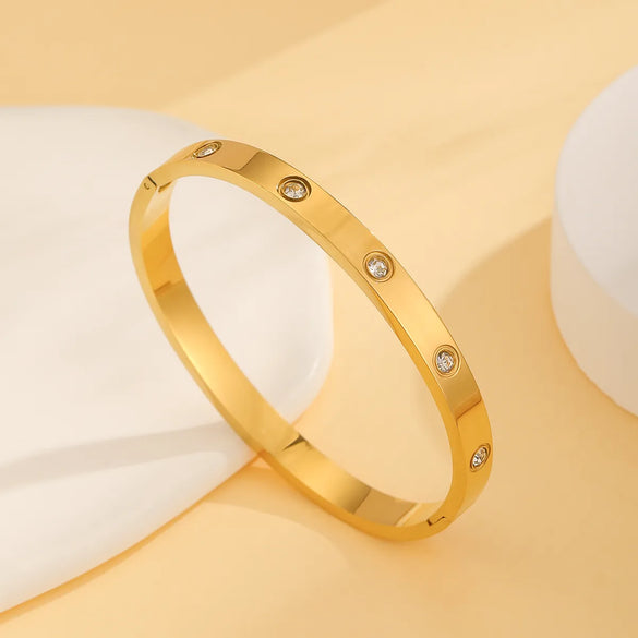 Simple Style Solid Color 304 Stainless Steel 18K Gold Plated Rhinestones Bangle In Bulk