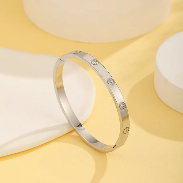 Simple Style Solid Color 304 Stainless Steel 18K Gold Plated Rhinestones Bangle In Bulk