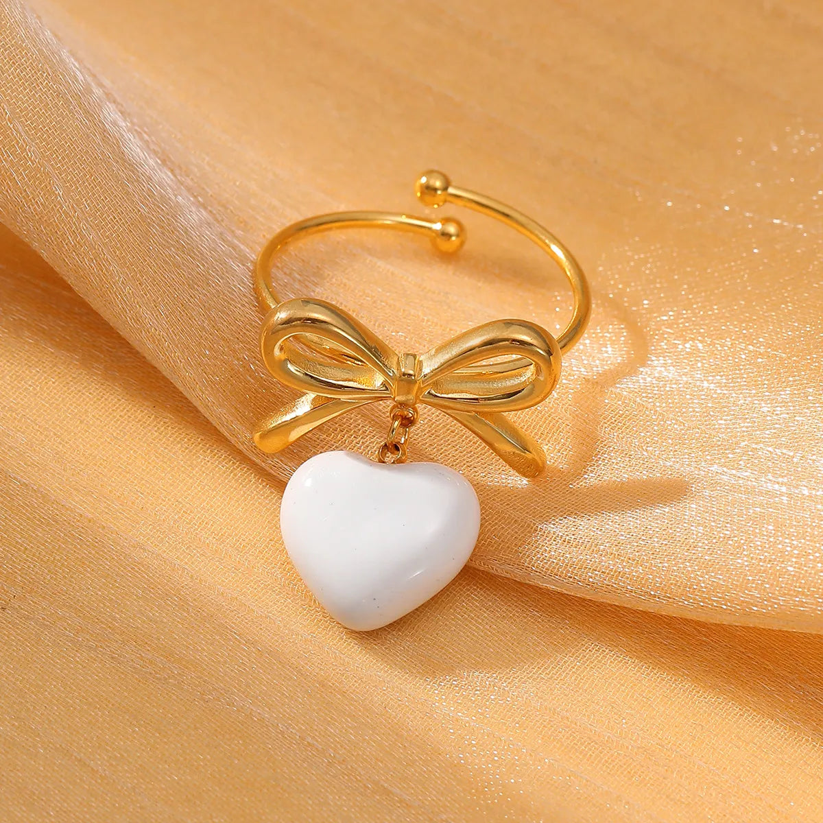 304 Stainless Steel Sweet Enamel Plating Heart Shape Bow Knot Charm Rings Open Rings