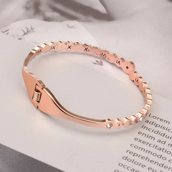 Basic Simple Style Classic Style Geometric Roman Numeral 304 Stainless Steel Titanium Steel Rose Gold Plated Rhinestones Bangle In Bulk